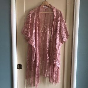 Emerette pink lace kimono open cardigan with fringe